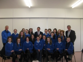 RM with one of the CSPE classes at the Eureka Secondary School in Kells, Co Meath. Fr David Brennan on left. Mr Kevin Mallen, teacher of class on right. (1)