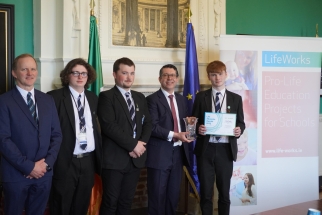 With Life Advocate Awards Essay winner James Tourish and his St Coloumb's College classmates in Leinster House